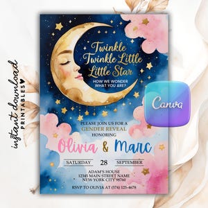 Gold Moon and Stars Gender Reveal Invitation, Twinkle Twinkle Little Star Invitation, Pink Blue He Or She Party Invite, Baby Gender Party