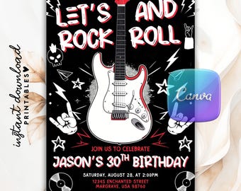 May include: A black and white rock and roll themed birthday invitation. The design features a white electric guitar with red accents, the text "LET'S ROCK AND ROLL", and the birthday details. Includes a Canva logo.