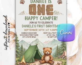 Szablon zaproszenia na pierwsze urodziny „One Happy Camper”, edytowalne zaproszenie na pierwsze urodziny „Camper Party”, zaproszenie na urodziny na kempingu „Kempingowy miś”