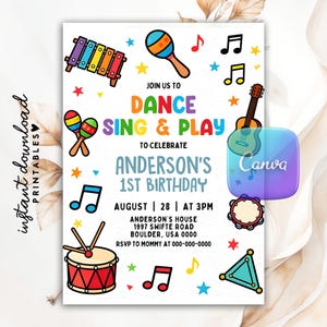 May include: A vibrant invitation for a 1st birthday party, with musical instruments and the words "Dance, Sing & Play". The invitation includes the date, time, and location of Anderson's party.