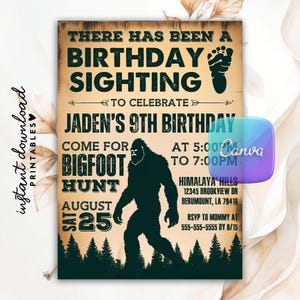 Editable Bigfoot Birthday Invitation, Big Foot Sighting, Sasquatch Invite, Yeti, Squatch Hunt Birthday, Outdoor Birthday Theme, Canva Invite