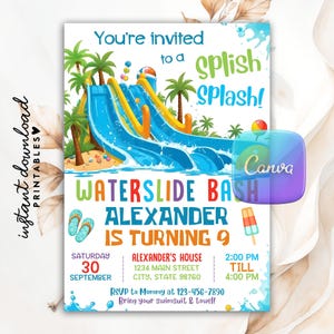 Invitación de cumpleaños con tobogán acuático, invitación de cumpleaños con tobogán acuático, fiesta con tobogán acuático, invitación a fiesta con tobogán acuático, fiesta de cumpleaños con chapoteo