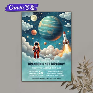 Astronaut Weltraum Geburtstagseinladung, Galaxie Einladung, Astronaut und Planet Party einladen, Digital Space Thema Geburtstag Canva Vorlage