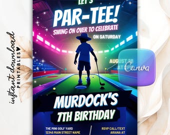 Glow Golf Birthday Invitation, Mini Golf Par-Tee, Canva Template