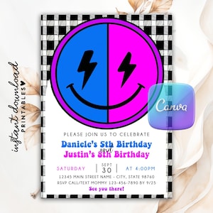 Checkered Smile Joint Birthday Invitation, Editable Checkered Smiley Face Birthday Invite, Groovy Birthday, Sibling Birthday Invite Boy Girl