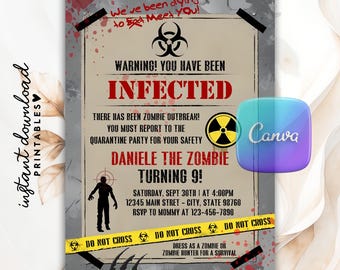 Invitaciones de zombis: invitación para fiesta de infectados, invitación para fiesta de cumpleaños por brote de zombis, invitación editable de zombis, invitación temática de zombis
