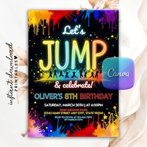 Jump Birthday Party Invitation, Trampoline Party, Bounce House, Trampoline Park, Printable Let&#39;s Jump Party Invite Editable Canva Template