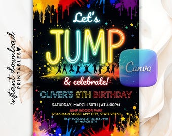 Invito alla festa di compleanno "Jump", festa sul trampolino, castello gonfiabile, parco con trampolini, invito stampabile alla festa "Let's Jump", modello modificabile Canva