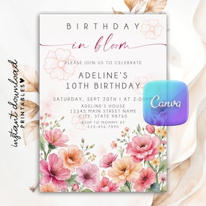 Invito modificabile con fiori in fiore, invito di compleanno con fiori di campo, steli di fiori, modello stampabile per invito a una festa con fiori di campo in stile boho, modello Canva