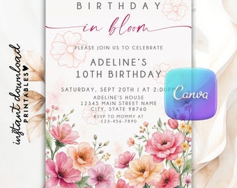 Invito modificabile con fiori in fiore, invito di compleanno con fiori di campo, steli di fiori, modello stampabile per invito a una festa con fiori di campo in stile boho, modello Canva