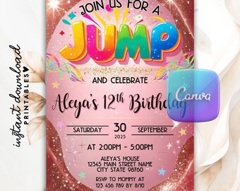 Trampolin-Einladung, Regenbogen-Glitzer, Rosé-Gold (Digital Template)