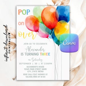Editable Rainbow Balloons Birthday Invite, Balloons Invitation, Balloon Invitation Template, Printable Colorful Party Invitation, Canva, DIY