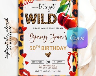 Convite de aniversário com estampa de leopardo e chita, noite das meninas, festa glamourosa com tema de cereja vermelha (modelo digital)