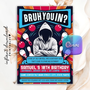 Bruh You In Bowling Birthday Invitation, Retro Strike Up Some Fun, Glow Bowling Invitation, Bruh Birthday Invite, Editable Canva Template