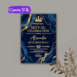 Editable Royal Birthday Party Invitation, Any Age King Prince Royal Celebration Blue and Gold Glitter Glam Agate Printable Canva Template