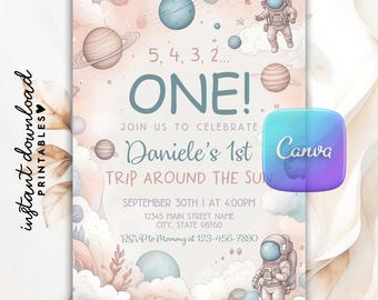 Outer Space First Trip Around the Sun Birthday Invitation, Outerspace Invitation, Space 1st Birthday Invitation, Astronaut Space Party