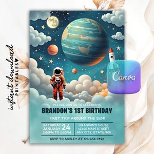 Astronaut Outer Space Birthday Invitation, Galaxy Invitation, Astronaut and Planet Party Invite, Digital Space Theme Birthday Canva Template