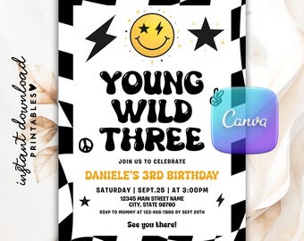 Young Wild And Three Birthday Invitation, Editable Checkered Smiley Face Birthday Invite, Groovy Retro Birthday, Emoji Invitation, Any Age