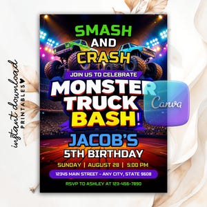 Editable Monster Truck Birthday Invitation, Monster Truck Birthday, Boys Trucks Birthday, Invitation For Boys, Customizable Canva Template