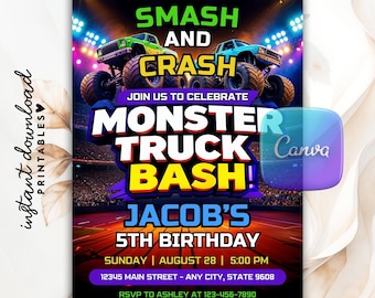 Editable Monster Truck Birthday Invitation, Monster Truck Birthday, Boys Trucks Birthday, Invitation For Boys, Customizable Canva Template