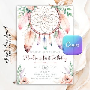 Editable Dreamcatcher Birthday Invitation, Boho Dream Catcher, Tribal Feathers, Native Indian Girls Party, Any Age Birthday, Canva Template