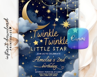 Puede incluir: Una invitación azul marino con una luna dorada, estrellas y nubes. El texto dice "Twinkle Twinkle Little Star" y anuncia el segundo cumpleaños de Amelia. Incluye detalles del evento e información de RSVP.