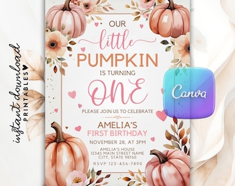 Floral Pumpkin 1st Birthday Invitation, Autumn Theme (Canva Digital Template)