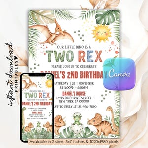 May include: A dinosaur-themed birthday invitation with the text "TWO REX" and "Daniel's 2nd Birthday." The design includes illustrations of dinosaurs, palm leaves, and a smiling sun. The invitation is available in 5x7 inches and 1020x1980 pixels.