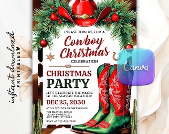 May include: A festive invitation for a Cowboy Christmas Celebration. The design features a red cowboy hat, Christmas greenery, and a pair of red and green cowboy boots. The text reads "Christmas Party" and includes event details.