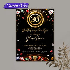 Invitación de cumpleaños de casino editable, fiesta de cumpleaños de póquer, invitación a una noche de casino, cartas de juego de ases, cumpleaños de adultos, plantilla de Canva imprimible