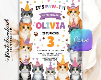 Invito di compleanno a tema gatto, tema Paw-ty, invito per festa a tema gattino (modello digitale Canva)