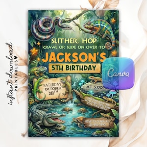 May include: A vibrant invitation for Jackson's 5th birthday, featuring a jungle theme with a snake, chameleon, alligator, and lizards. The invitation includes the text "Slither, Hop, Crawl or Slide on Over To Jackson's 5th Birthday".