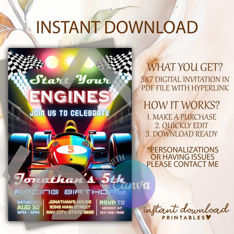 Editable Racing Car Birthday Invitation, Race Car Party Invite, Racing ...
