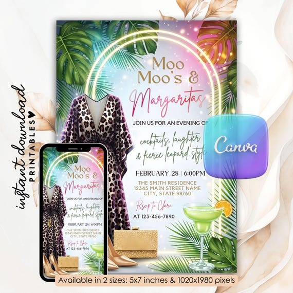 Moo Moos and Margaritas Invitation, Mumu & Margaritas Party Invitation, Leopard Pajama Girls Night Party Invite, Ladies Brunch Party, Canva