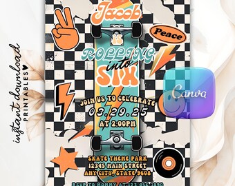 Könnte beinhalten: Eine Einladung im Retro-Stil mit Skateboard-Motiv. Das Design zeigt ein Skateboard mit dem Text "Rolling into Six" und Veranstaltungsdetails. Enthält orangefarbene Blitze, Sterne und ein Friedenszeichen auf kariertem Hintergrund.