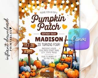 Pumpkin Patch Birthday Invitation, Autumn Party Invite (Digital Template)