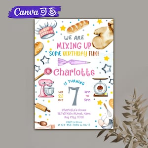 DIY Baking Birthday Invitation, Baking Party Invite, Baking Theme Birthday, Cooking Birthday, Kitchen Theme Party, Editable Canva Template