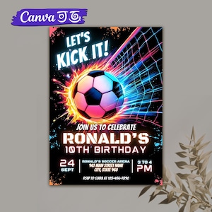 Plantilla de invitación de cumpleaños de fútbol editable, invitación de fútbol, invitación de fútbol, invitación de fiesta de cumpleaños de niño, editable en Canva