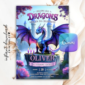 Op de afbeelding: Een fantasie-uitnodiging met een blauwe draak, paarse vleugels en de tekst "Calling All Dragons". De uitnodiging bevat de naam "Oliver", de leeftijd "Acht" en evenementdetails. Het ontwerp toont een kasteel en bloemaccenten.