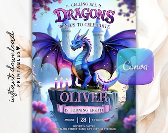 Purple Dragon Birthday Invitation, Magical Party (Canva Template)