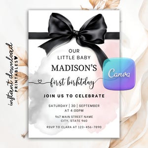 Coquette Black Bow Invitation, Editable Black and Pink First Birthday Party Invite, DIY Digital Black Ribbon, Printable Canva Template Evite