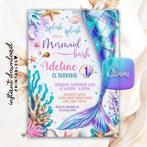 Editable Mermaid Tail Birthday Invitation, Mermaid Bash Under the Sea Party Invite, Girl Mermaid Birthday, Printable Digital Canva Template