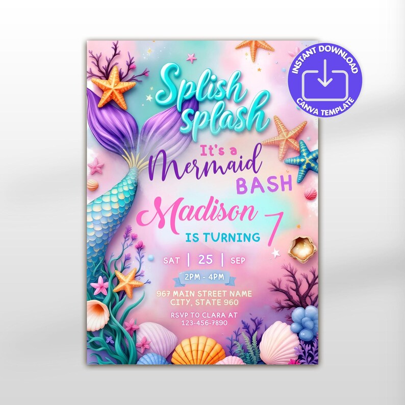 Under the Sea Invite,
under the sea, Editable Mermaid Tail Birthday Invitation Girl, Mermaid Bash Under the Sea Birthday Invite, Mermaid Party Invite, Mermaid Invitation, Canva Template, digital download, digital art diy invitation printable template