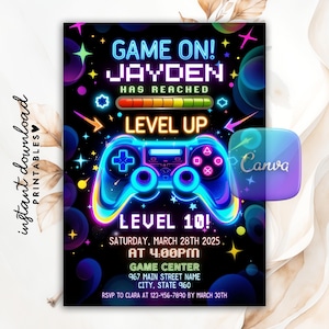Editable Neon Game On Level Up Gaming Birthday Party Invitation, Video Game Birthday Invitation, Glow Game Party Printable Canva Template