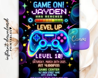 Editable Neon Game On Level Up Gaming Birthday Party Invitation, Video Game Birthday Invitation, Glow Game Party Printable Canva Template