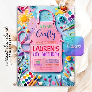 Modèle de toile d'invitation modifiable pour une fête d'anniversaire artisanale, thème artisanal d'anniversaire, robe de fille imprimable pour un mess, peinture art invitation fête