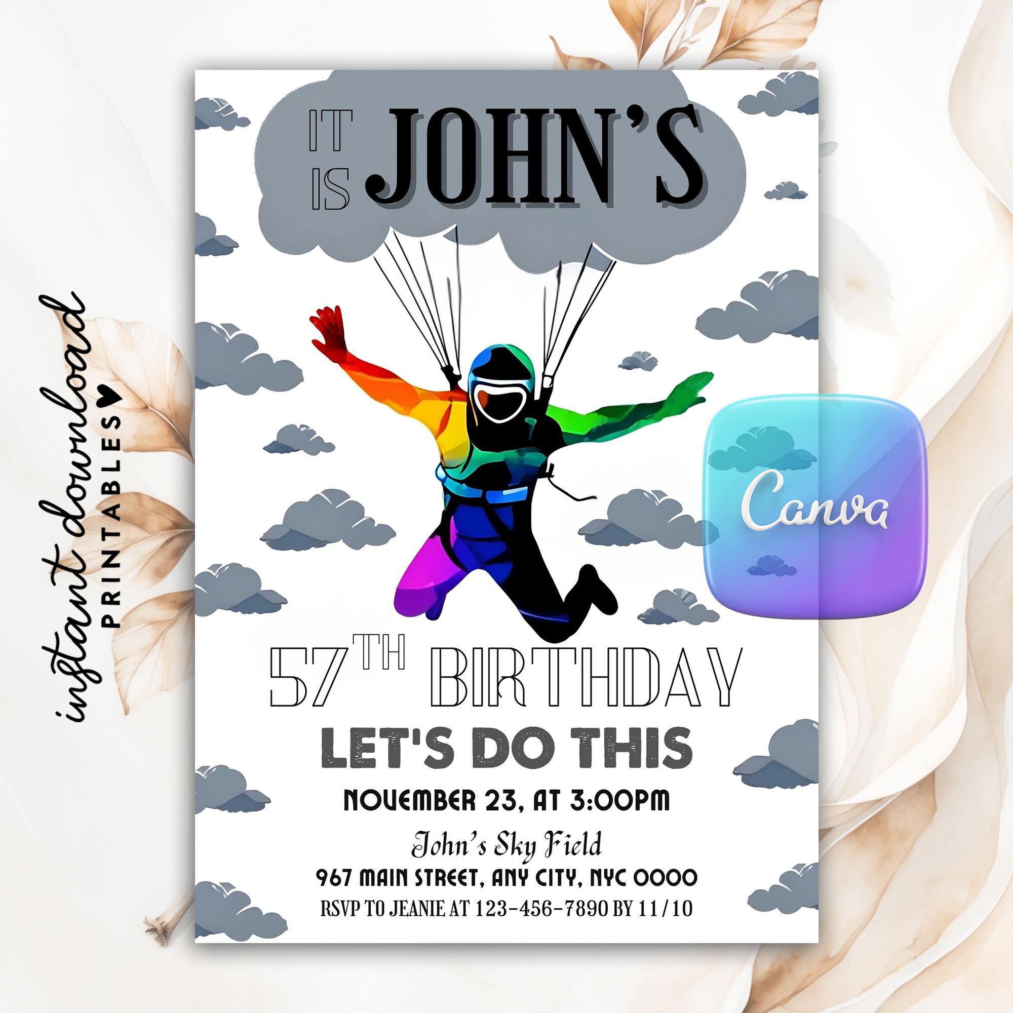 Indoor Skydiving Birthday Invitation, Surprise Sky Dive Birthday, Skydiving Invitations, Skydive Party Invite, Skydive Invitation, Canva