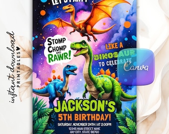 Invitación de cumpleaños de dinosaurio, plantilla personalizable de Canva (descarga digital)