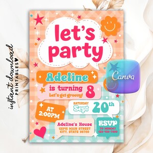 Let&#39;s Get Groovy Party Invitation, Editable Checkered Smiley Face Birthday Invite, Groovy Retro Birthday, Emoji Invitation, Tween Birthday