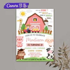 Faire-part d'anniversaire modifiable à la ferme, invitation d'anniversaire animaux de la ferme, anniversaire fille rose dans la basse-cour, faire-part d'anniversaire pour enfants ranch, modèle de toile